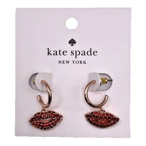 Kate Spade Kiss Kiss Pavé Lips Huggie Earrings in Rose Gold Red Jewelry Gift NEW